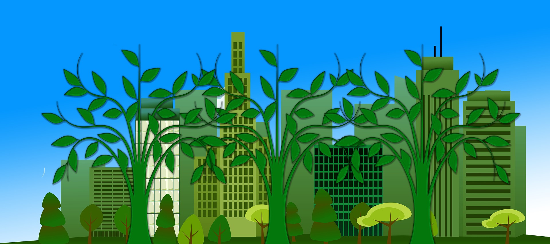 Image shows blue sky with green high rise buildings shrouded in trees, like an urban forest